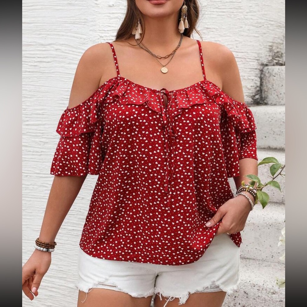 Plus Size Heart Print Ruffle Red Off Shoulder Top Blouse Shirt - Picture 3 of 3